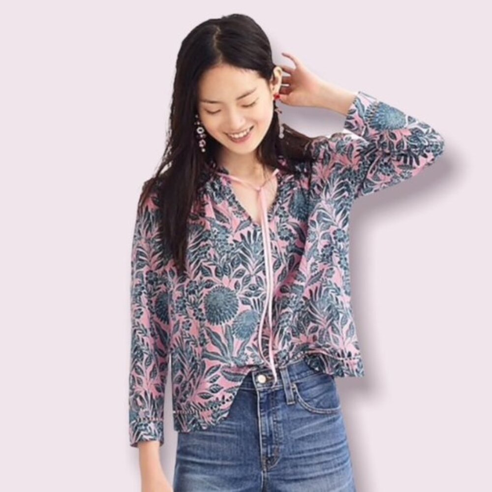 J.Crew X Abigail Borg S Blouse Floral Prairie Dusk Print Pink Navy Ribbon Tie